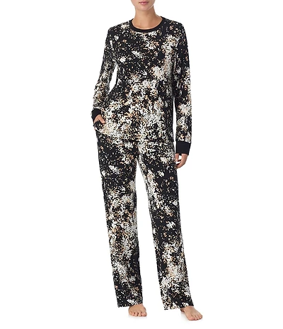 DKNY by Donna Karan Texture Print Long Sleeve Crew Neck Long Knit Pajama Set