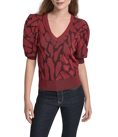 DKNY by Donna Karan Textured Knit V-Neck Puff Sleeve Top