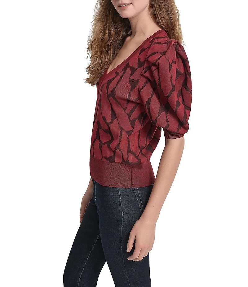 DKNY by Donna Karan Textured Knit V-Neck Puff Sleeve Top