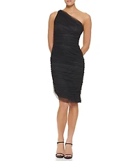DKNY By Donna Karan Tulle Mesh Sleeveless One Shoulder Asymmetrical Neck Ruched Knee Length Dress