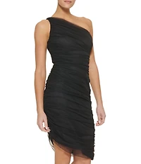 DKNY By Donna Karan Tulle Mesh Sleeveless One Shoulder Asymmetrical Neck Ruched Knee Length Dress