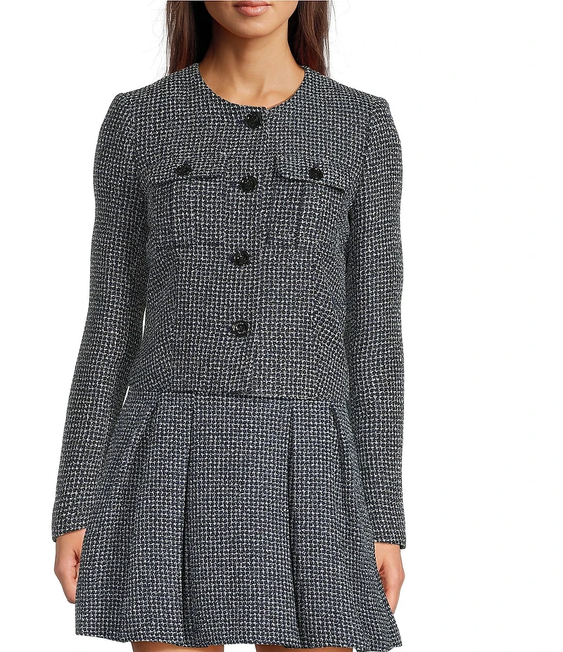 DKNY by Donna Karan Tweed Cropped Crew Neck Long Sleeve Jacket