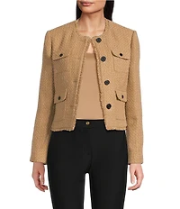 DKNY by Donna Karan Tweed Patch Pocket Frayed Jacket
