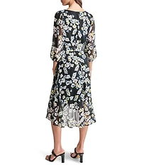 DKNY by Donna Karan V-neck 3/4 Sleeve Floral Print Faux Wrap Midi Dress