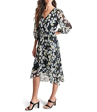 DKNY by Donna Karan V-neck 3/4 Sleeve Floral Print Faux Wrap Midi Dress