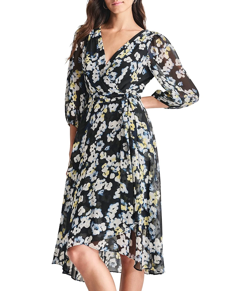 DKNY by Donna Karan V-neck 3/4 Sleeve Floral Print Faux Wrap Midi Dress
