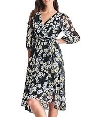 DKNY by Donna Karan V-neck 3/4 Sleeve Floral Print Faux Wrap Midi Dress