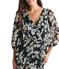 DKNY by Donna Karan V-neck 3/4 Sleeve Floral Print Faux Wrap Midi Dress