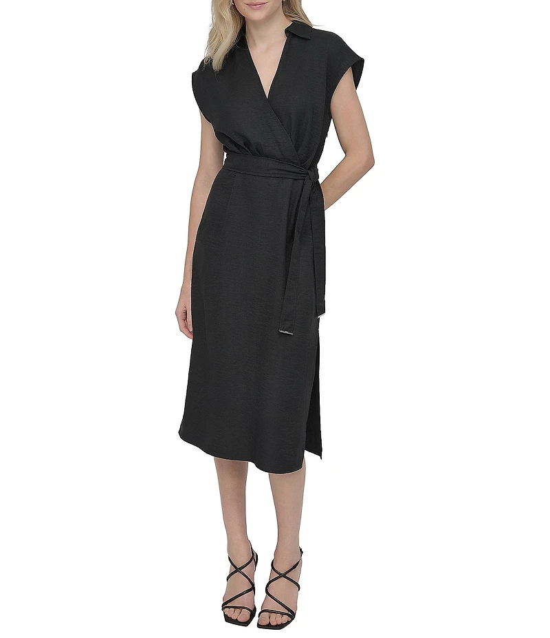 DKNY by Donna Karan V-Neck Collar Cap Sleeve Belted Midi Sheath Dress