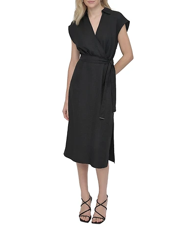 DKNY by Donna Karan V-Neck Collar Cap Sleeve Belted Midi Sheath Dress