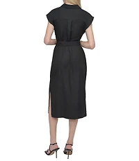 DKNY by Donna Karan V-Neck Collar Cap Sleeve Belted Midi Sheath Dress