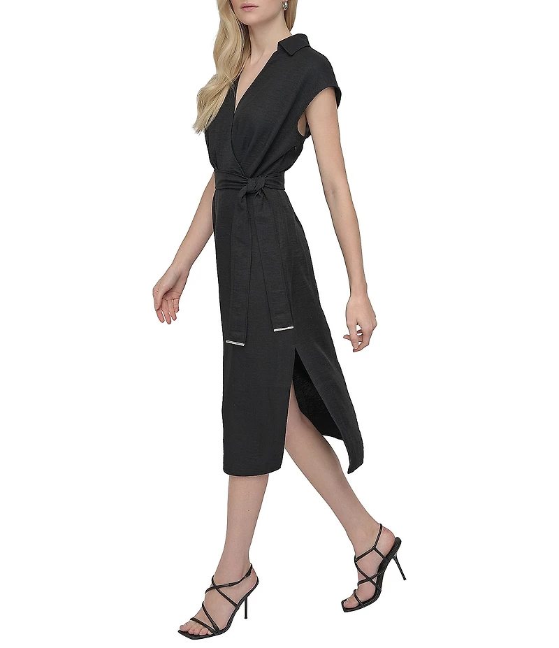DKNY by Donna Karan V-Neck Collar Cap Sleeve Belted Midi Sheath Dress