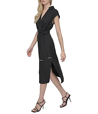 DKNY by Donna Karan V-Neck Collar Cap Sleeve Belted Midi Sheath Dress