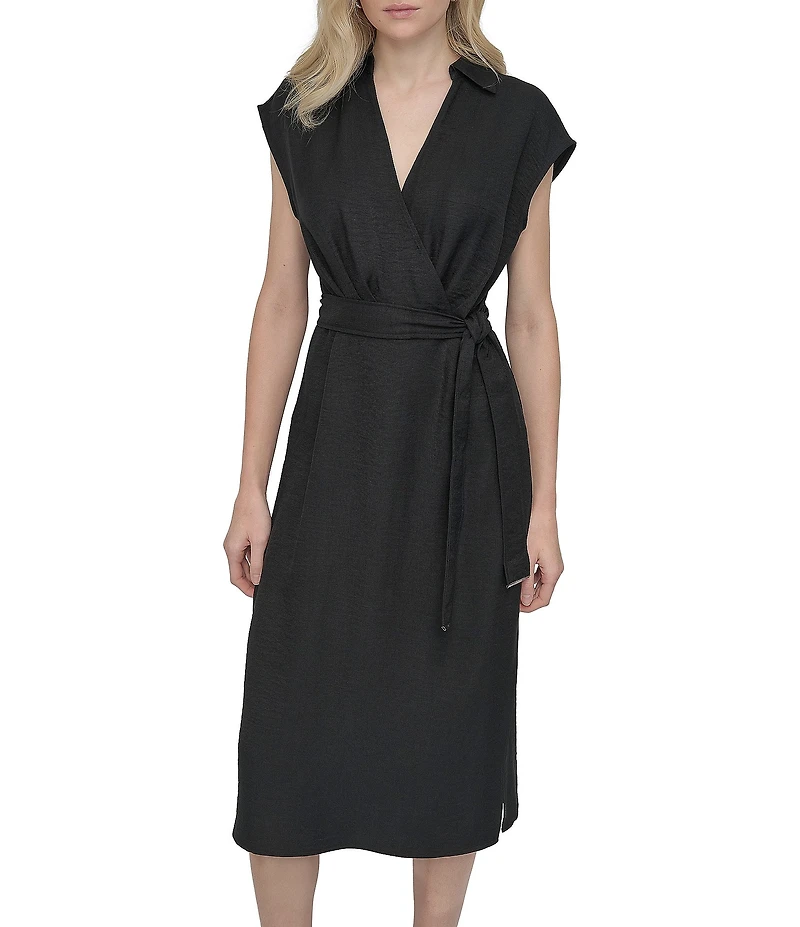 DKNY by Donna Karan V-Neck Collar Cap Sleeve Belted Midi Sheath Dress