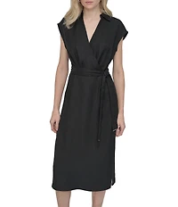 DKNY by Donna Karan V-Neck Collar Cap Sleeve Belted Midi Sheath Dress