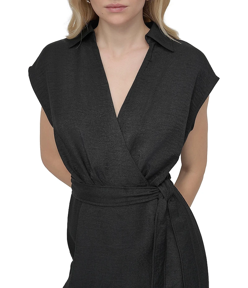 DKNY by Donna Karan V-Neck Collar Cap Sleeve Belted Midi Sheath Dress