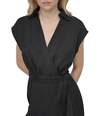 DKNY by Donna Karan V-Neck Collar Cap Sleeve Belted Midi Sheath Dress