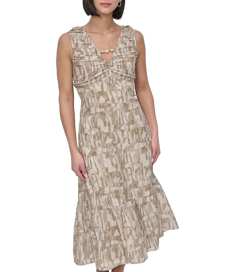 DKNY by Donna Karan V-Neck Sleeveless Flounce Hem Midi Dress