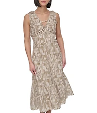 DKNY by Donna Karan V-Neck Sleeveless Flounce Hem Midi Dress