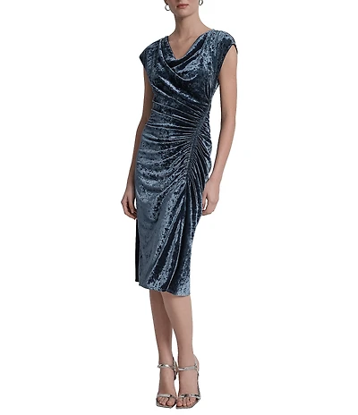 DKNY by Donna Karan Velvet Cowl Neck Cap Sleeve Ruched Midi Dress