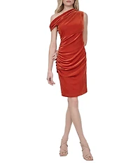 DKNY by Donna Karan Velvet Mesh Asymmetrical Neck Off The Shoulder Sleeveless Dress