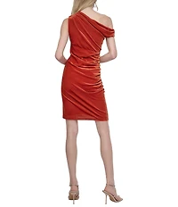 DKNY by Donna Karan Velvet Mesh Asymmetrical Neck Off The Shoulder Sleeveless Dress