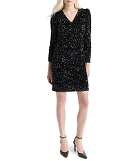 DKNY by Donna Karan Velvet Sequin V-Neck Long Sleeve Shift Dress