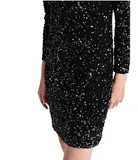 DKNY by Donna Karan Velvet Sequin V-Neck Long Sleeve Shift Dress
