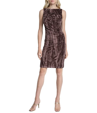 DKNY by Donna Karan Velvet Straight Neck Sleeveless Ruched Sheath Dress