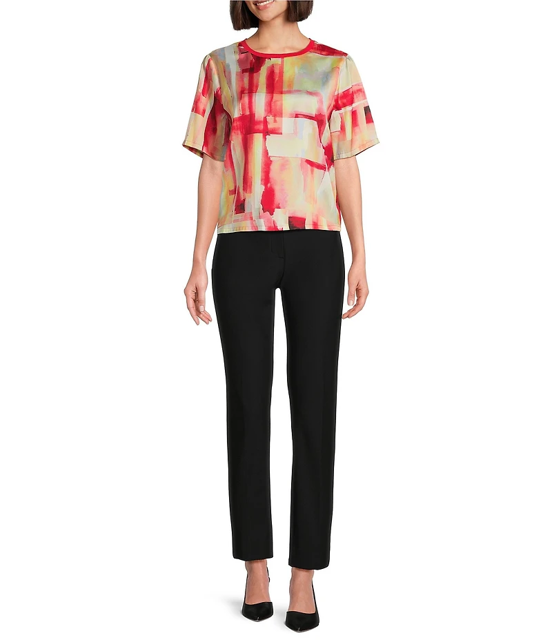 DKNY By Donna Karan Watercolor Print Twill Crew Neck Short Sleeve Top