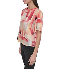 DKNY By Donna Karan Watercolor Print Twill Crew Neck Short Sleeve Top
