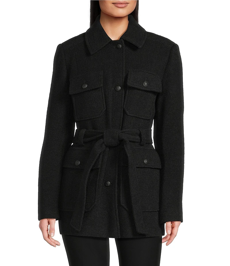 DKNY by Donna Karan Wool Blend Point Collar 4-Pocket Belted Coat
