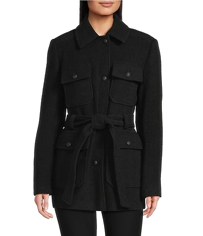 DKNY by Donna Karan Wool Blend Point Collar 4-Pocket Belted Coat