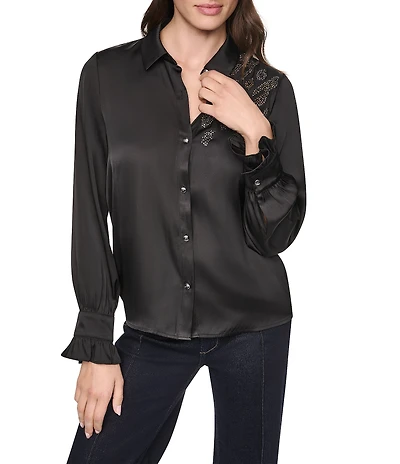 DKNY by Donna Karan Woven Animal Print Detail Point Collar Long Sleeve Blouse