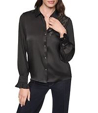 DKNY by Donna Karan Woven Animal Print Detail Point Collar Long Sleeve Blouse