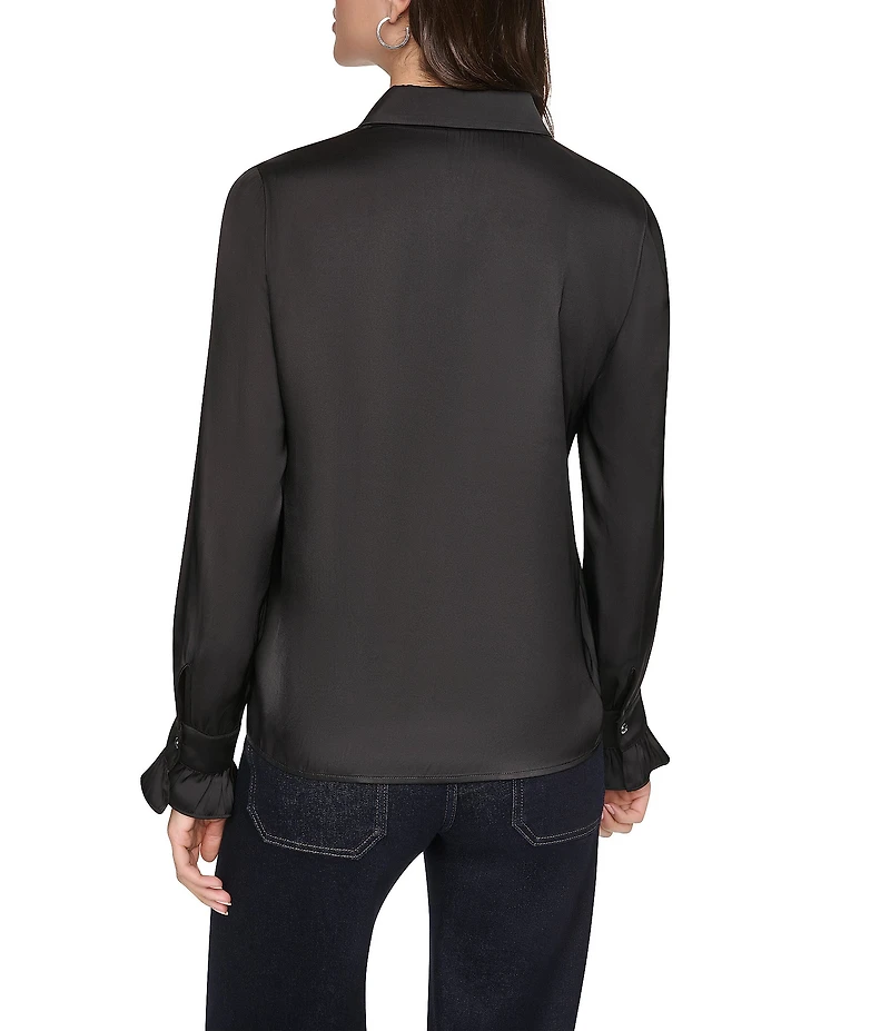 DKNY by Donna Karan Woven Animal Print Detail Point Collar Long Sleeve Blouse
