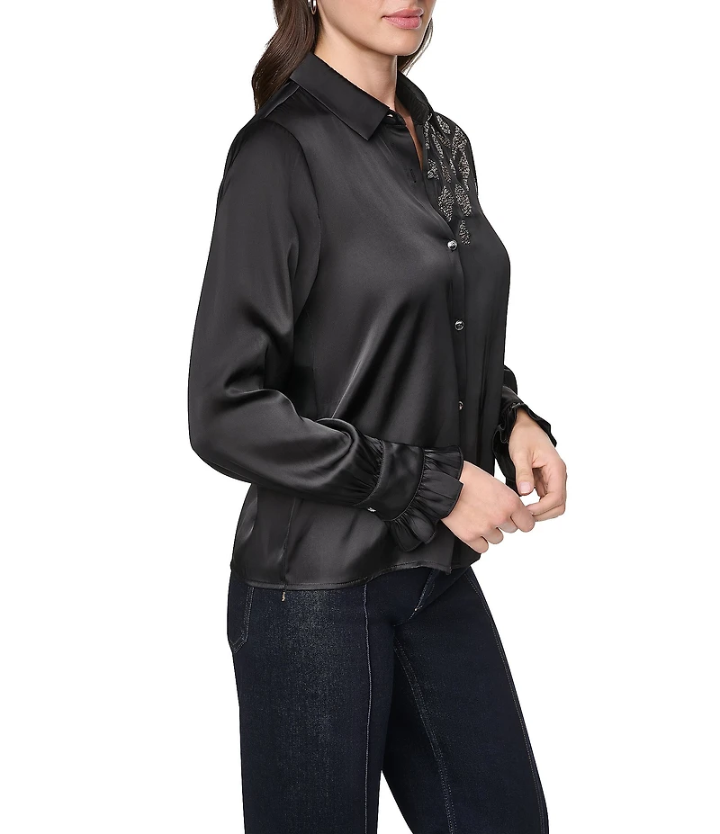 DKNY by Donna Karan Woven Animal Print Detail Point Collar Long Sleeve Blouse