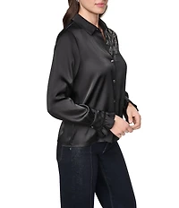 DKNY by Donna Karan Woven Animal Print Detail Point Collar Long Sleeve Blouse