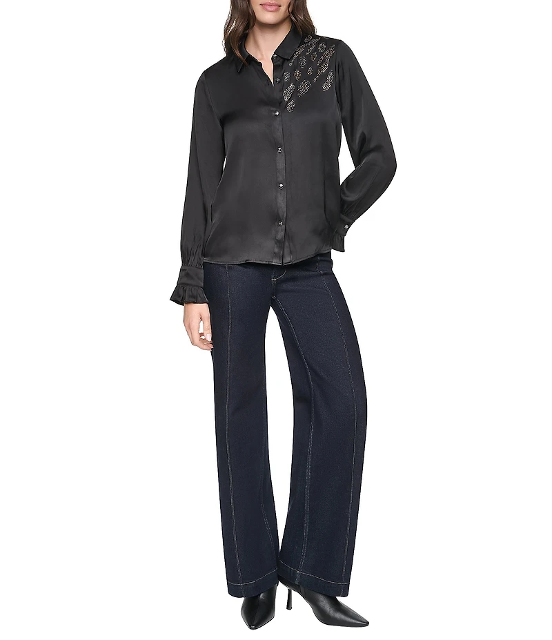 DKNY by Donna Karan Woven Animal Print Detail Point Collar Long Sleeve Blouse