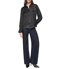 DKNY by Donna Karan Woven Animal Print Detail Point Collar Long Sleeve Blouse
