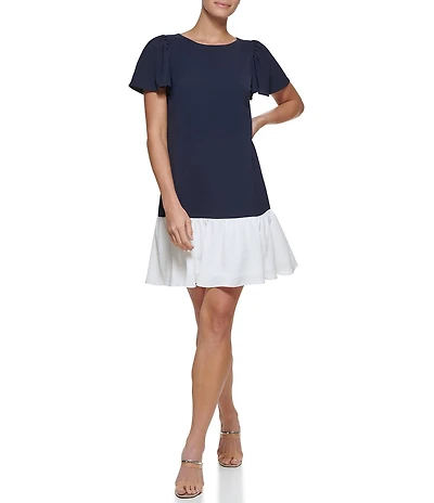 DKNY by Donna Karan Woven Crew Neck Colorblock Short Sleeve Flutter Hem Shift Mini Dress