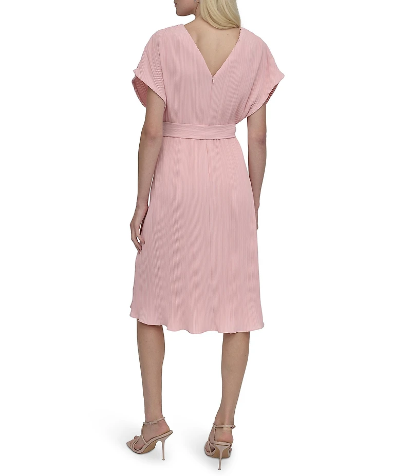 DKNY by Donna Karan Woven Crossover V-Neck Short Dolman Sleeve Belted A-Line Midi Dress