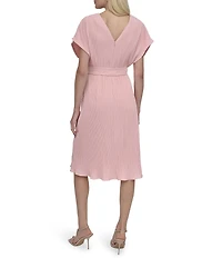 DKNY by Donna Karan Woven Crossover V-Neck Short Dolman Sleeve Belted A-Line Midi Dress