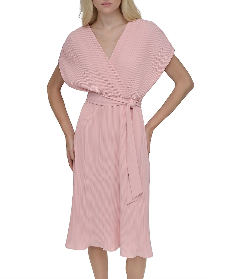 DKNY by Donna Karan Woven Crossover V-Neck Short Dolman Sleeve Belted A-Line Midi Dress