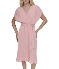 DKNY by Donna Karan Woven Crossover V-Neck Short Dolman Sleeve Belted A-Line Midi Dress