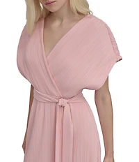 DKNY by Donna Karan Woven Crossover V-Neck Short Dolman Sleeve Belted A-Line Midi Dress