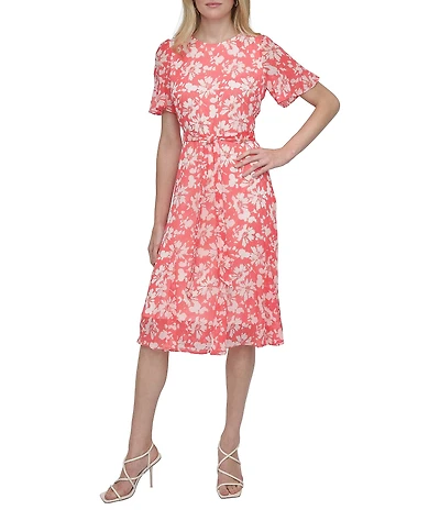 DKNY by Donna Karan Woven Floral Print Crew Neck Short Sleeve Waist Tie Fit and Flare Midi Dress
