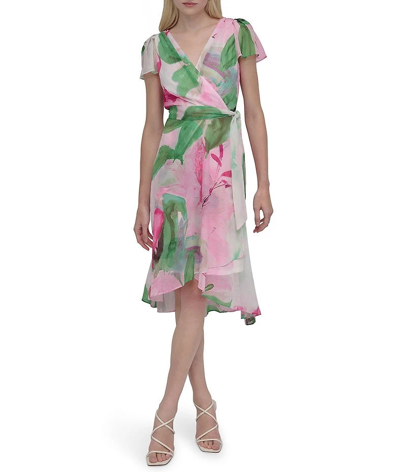 DKNY By Donna Karan Woven Floral Print V Neck Short Flutter Sleeve Wrap Dress