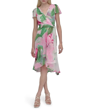 DKNY By Donna Karan Woven Floral Print V Neck Short Flutter Sleeve Wrap Dress
