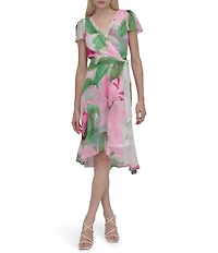 DKNY By Donna Karan Woven Floral Print V Neck Short Flutter Sleeve Wrap Dress